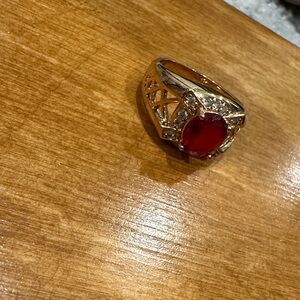 Gold Diamond Pave Ring with Red Gemstone size 10.5 11